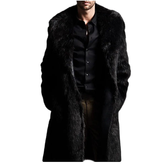 Colf Mens Winter Long Sleeve Turn Collar Faux Fur Coat Outwear Long Parka Jacket Overcoat (Black4X-Large)