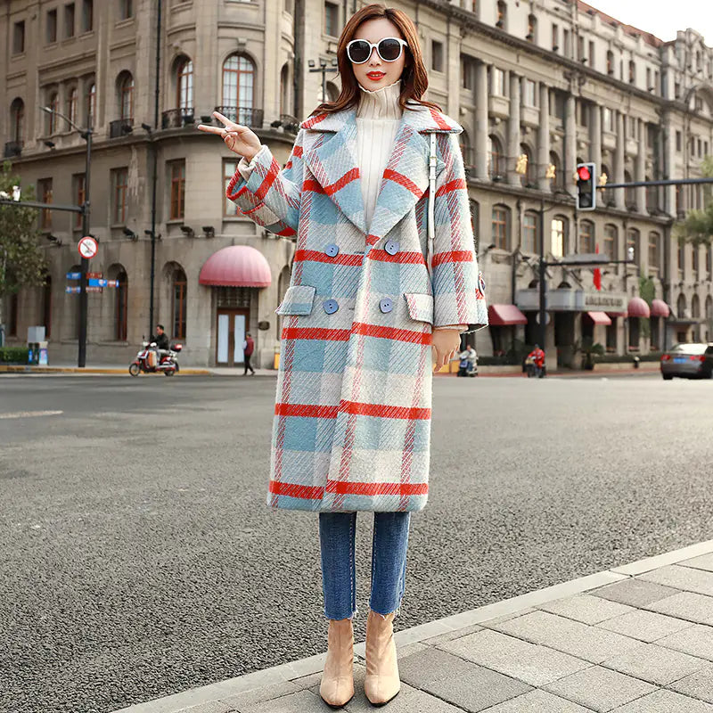 Plaid Wool Blend Mid-Length Coat for Women