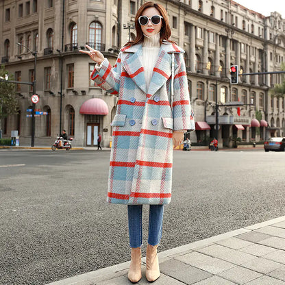 Plaid Wool Blend Mid-Length Coat for Women