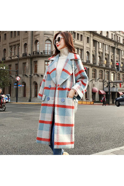 Plaid Wool Blend Mid-Length Coat for Women
