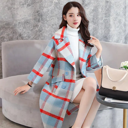 Plaid Wool Blend Mid-Length Coat for Women