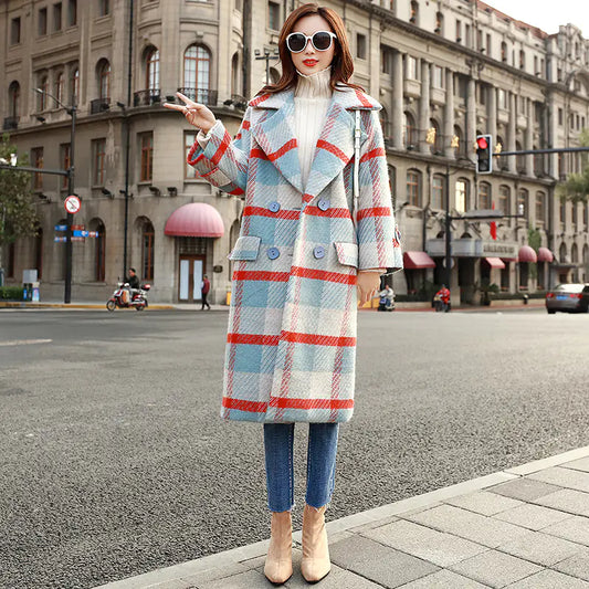 Plaid Wool Blend Mid-Length Coat for Women