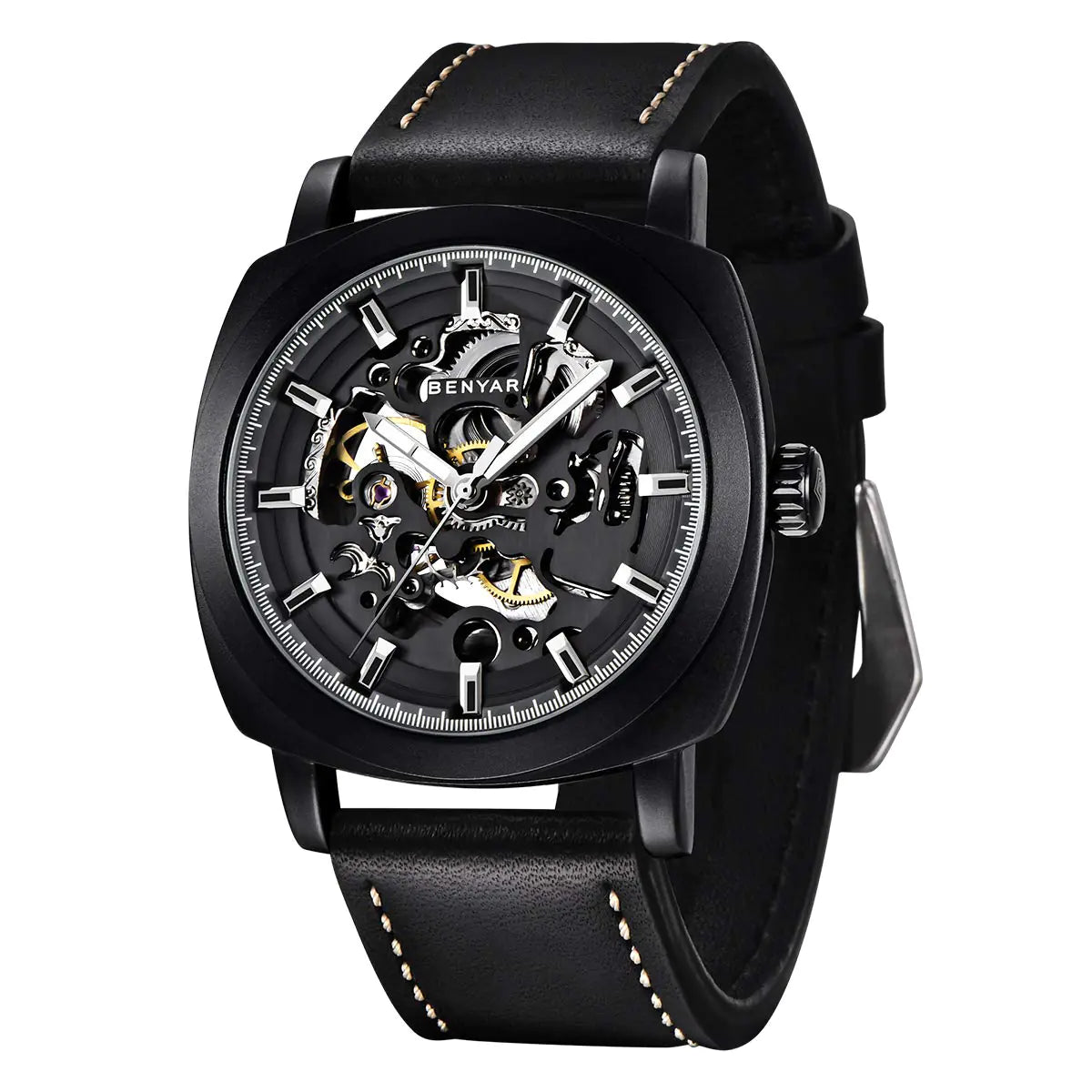 Benyar Automatic Watches for Men | Skeleton Mechanical Leather Strap Mens Watch | 45mm Dial | 30M Waterproof | Mens Stylish Gift