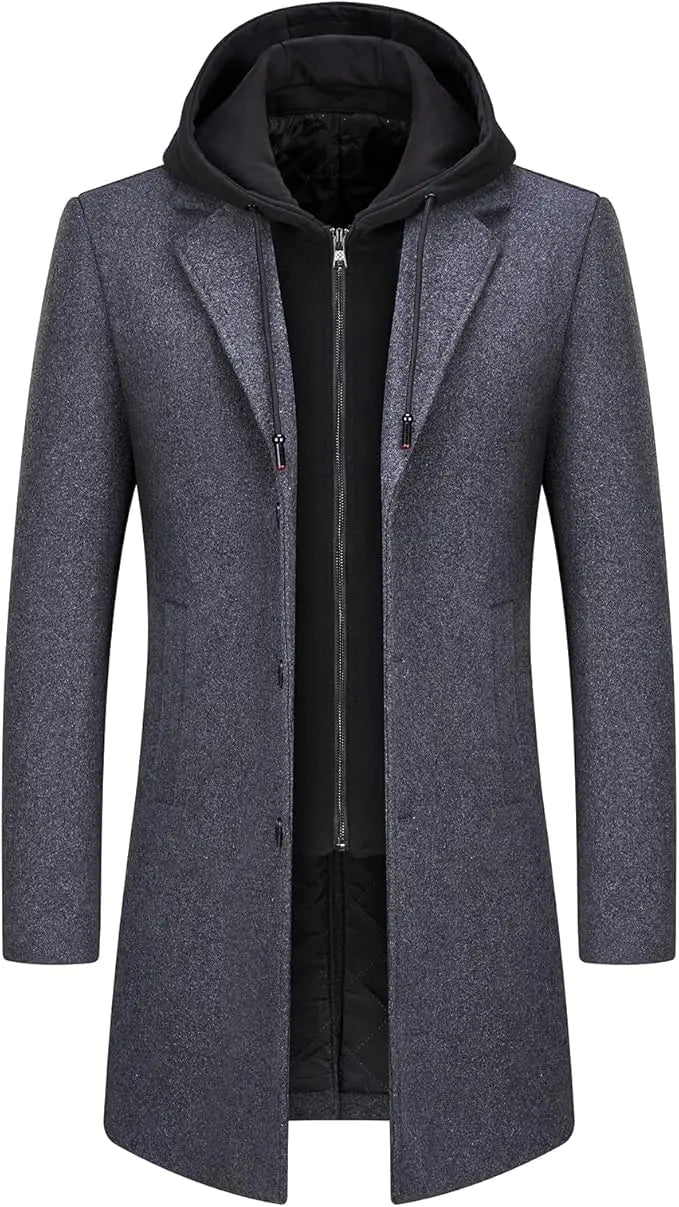 Lamgool Mens Winter Long Coat Wool Blend Single Breasted Overcoat With Removable Hood(GreyM)