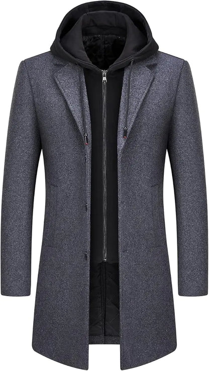 Lamgool Mens Winter Long Coat Wool Blend Single Breasted Overcoat With Removable Hood(GreyM)