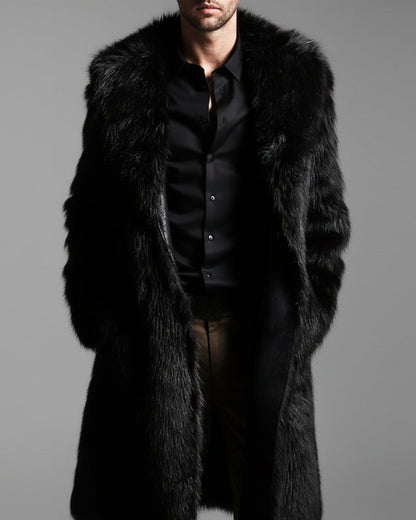 Colf Mens Winter Long Sleeve Turn Collar Faux Fur Coat Outwear Long Parka Jacket Overcoat (Black4X-Large)